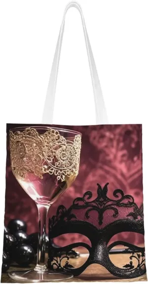 Wine Glass ​Lace Mask Canvas Tote Bag for Women Grocery Bag Reusable Aesthetic Shopping Bags Beach Handbag