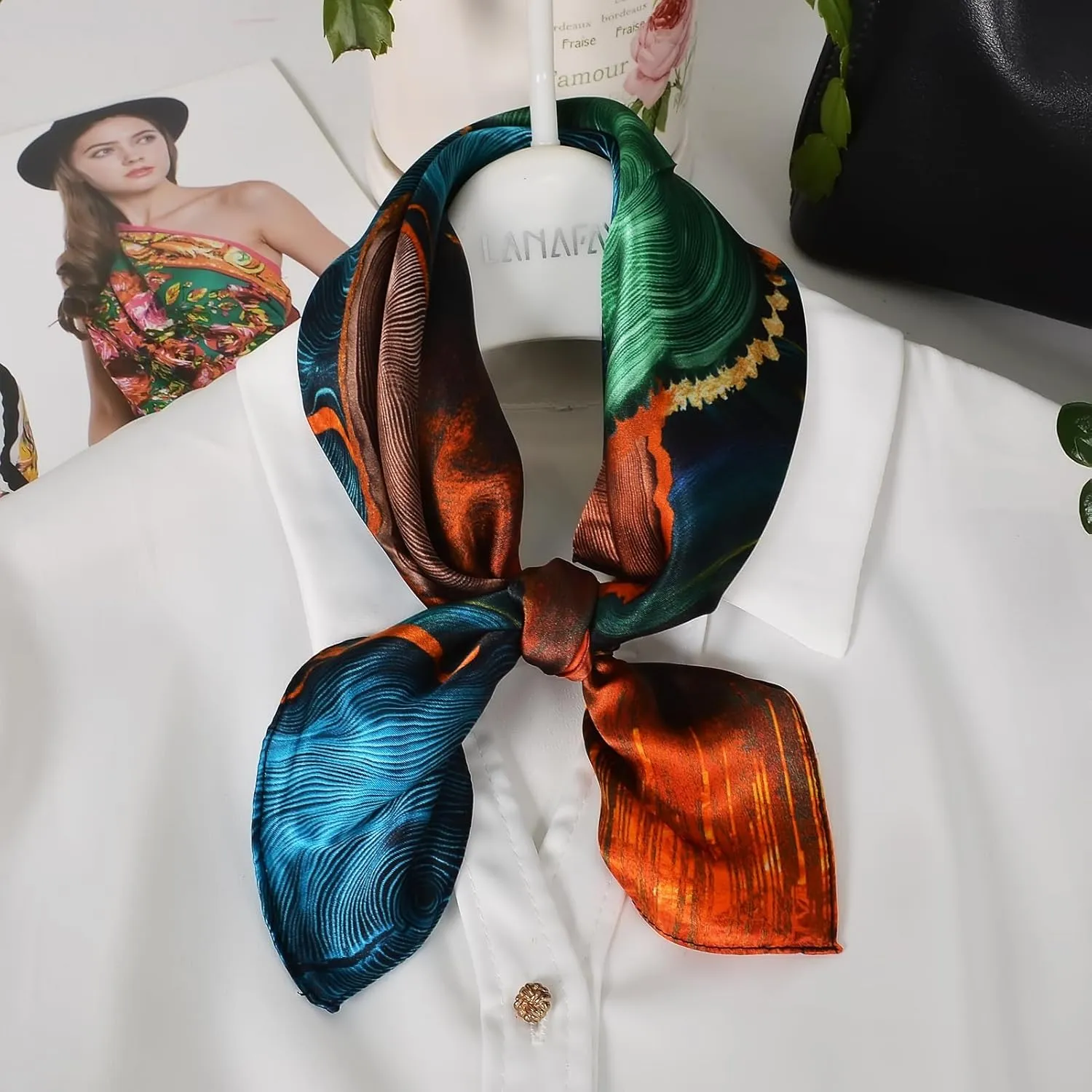 Women 100% Mulberry Silk Neck Scarf Lightweight Digital Print Small Square Scarfs- Neckerchief Gift Packing 21"*21"