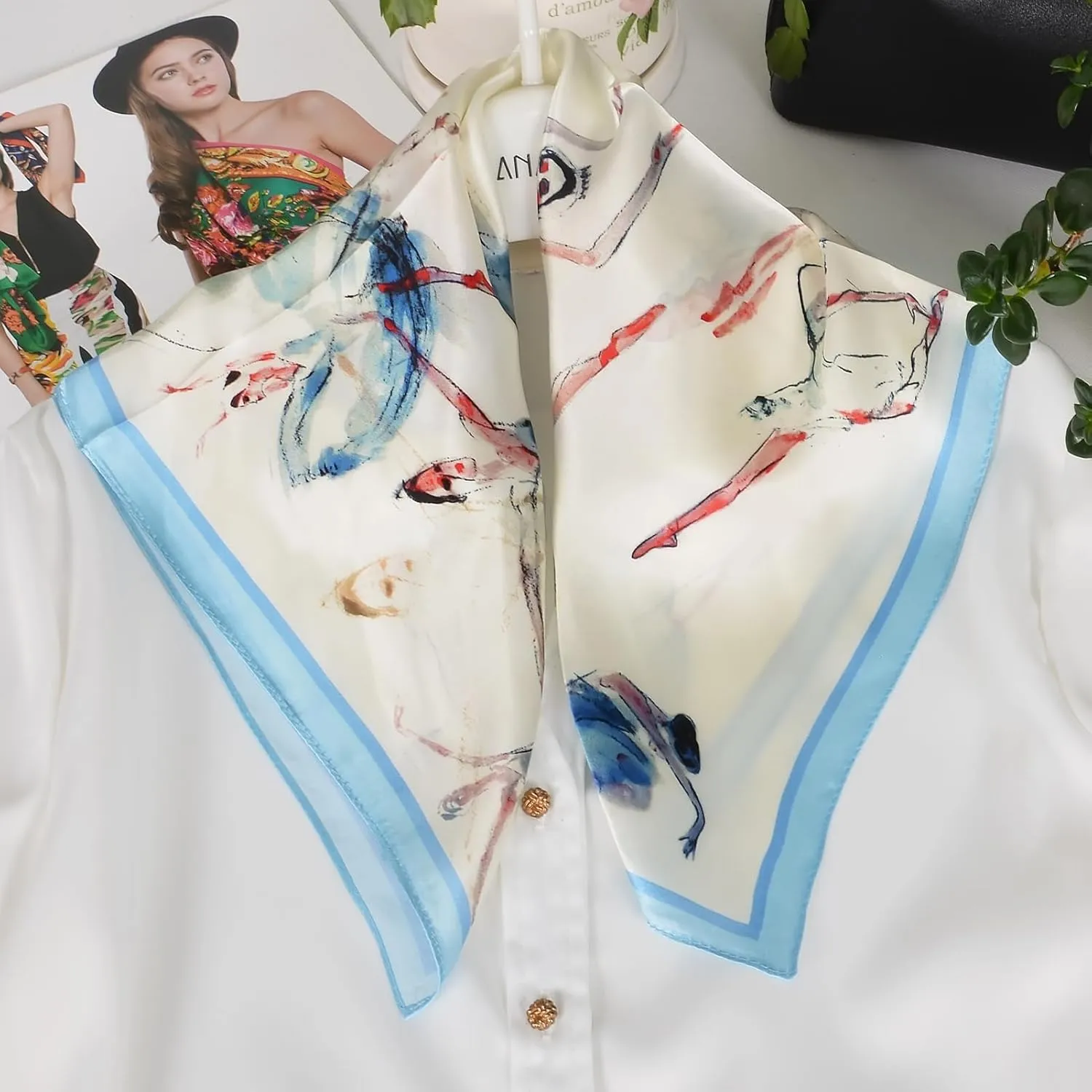 Women 100% Mulberry Silk Neck Scarf Lightweight Digital Print Small Square Scarfs- Neckerchief Gift Packing 21"*21"