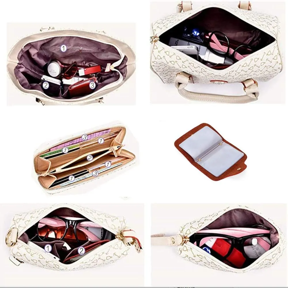 Women 6 Pcs Handbag Tote Stitching Shoulder Bag PU Top Handle Hobo Satchel Purse Clutch Wallet Key Holder