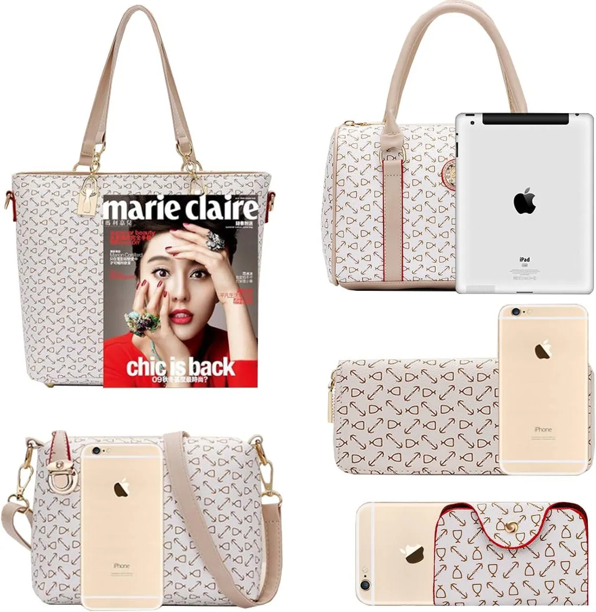 Women 6 Pcs Handbag Tote Stitching Shoulder Bag PU Top Handle Hobo Satchel Purse Clutch Wallet Key Holder