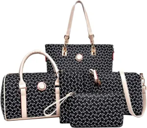 Women 6 Pcs Handbag Tote Stitching Shoulder Bag PU Top Handle Hobo Satchel Purse Clutch Wallet Key Holder