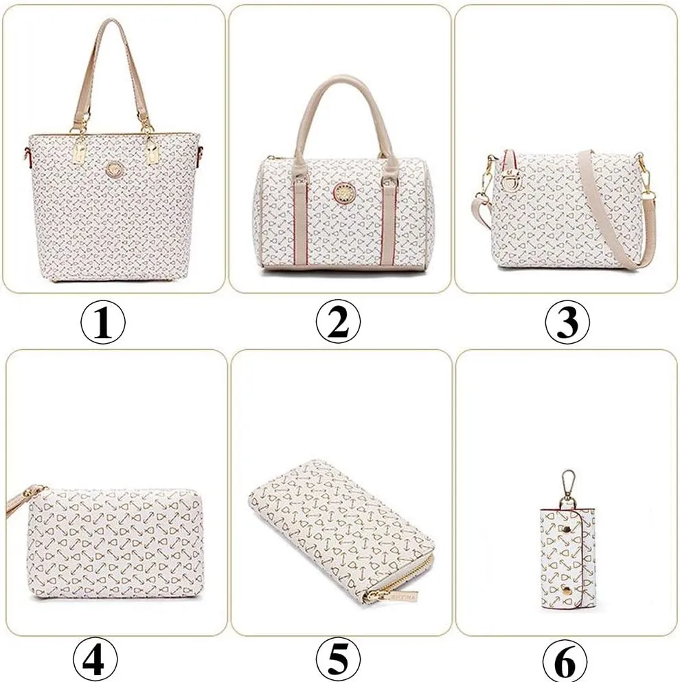 Women 6 Pcs Handbag Tote Stitching Shoulder Bag PU Top Handle Hobo Satchel Purse Clutch Wallet Key Holder