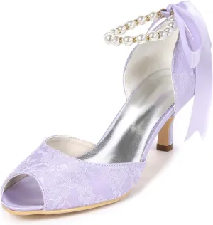Women Ankle Strap Peep Toe Mid High Heel Pearl Ribbon Satin Wedding Bridal Shoes