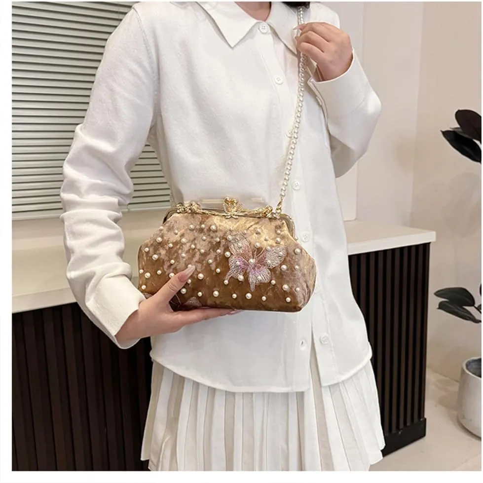 Women Butterfly Embroidery Clutch Purse Pearl Evening Handbag with Chain Top Handle Party Wedding Evening Clutch