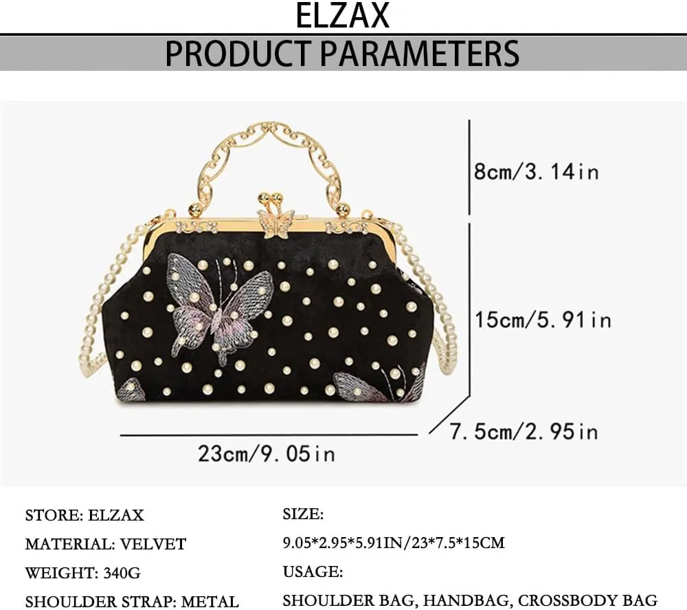 Women Butterfly Embroidery Clutch Purse Pearl Evening Handbag with Chain Top Handle Party Wedding Evening Clutch