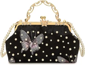 Women Butterfly Embroidery Clutch Purse Pearl Evening Handbag with Chain Top Handle Party Wedding Evening Clutch