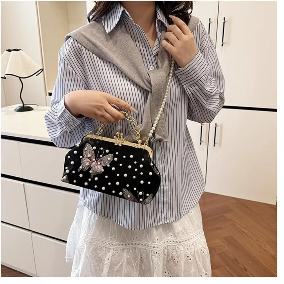Women Butterfly Embroidery Clutch Purse Pearl Evening Handbag with Chain Top Handle Party Wedding Evening Clutch