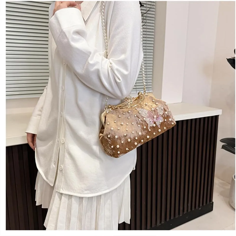 Women Butterfly Embroidery Clutch Purse Pearl Evening Handbag with Chain Top Handle Party Wedding Evening Clutch