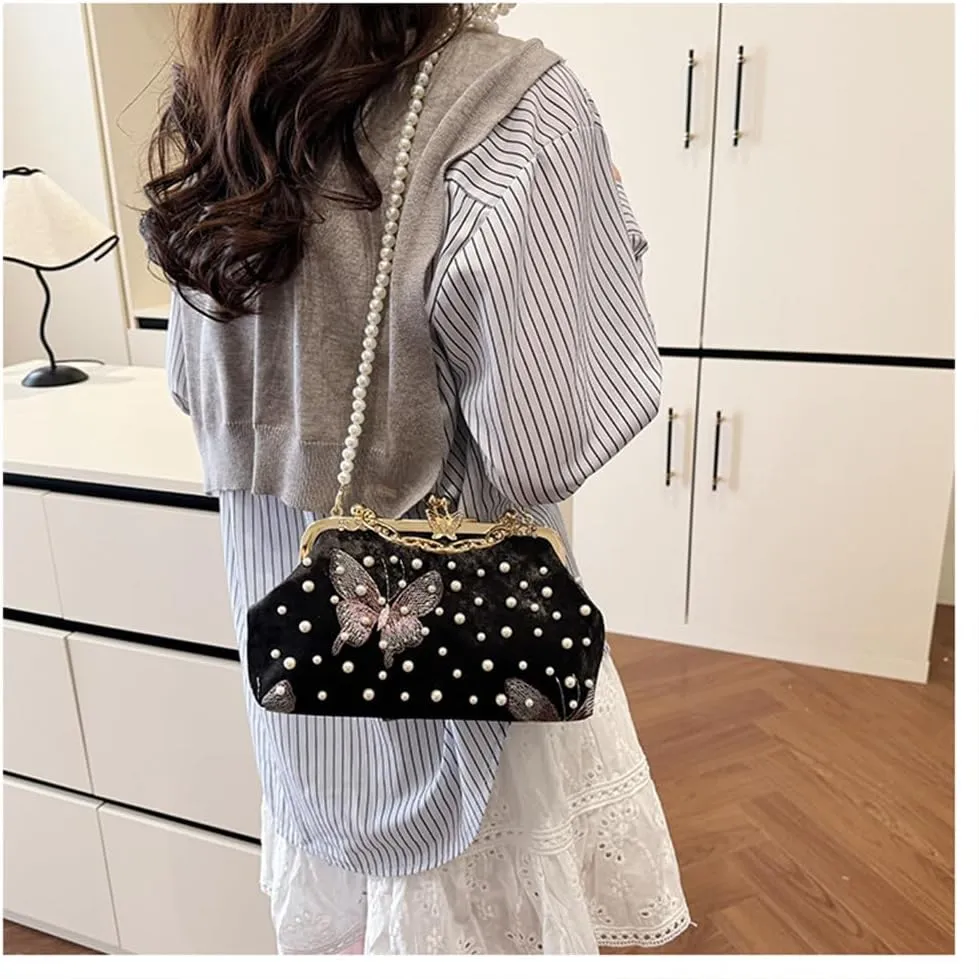 Women Butterfly Embroidery Clutch Purse Pearl Evening Handbag with Chain Top Handle Party Wedding Evening Clutch