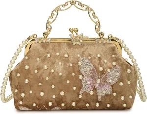 Women Butterfly Embroidery Clutch Purse Pearl Evening Handbag with Chain Top Handle Party Wedding Evening Clutch