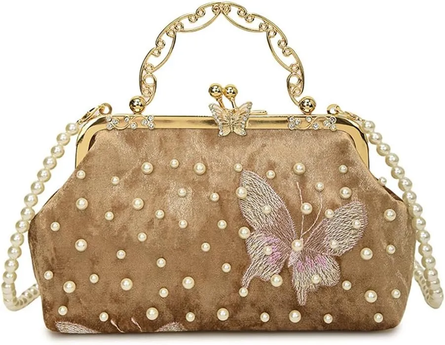 Women Butterfly Embroidery Clutch Purse Pearl Evening Handbag with Chain Top Handle Party Wedding Evening Clutch