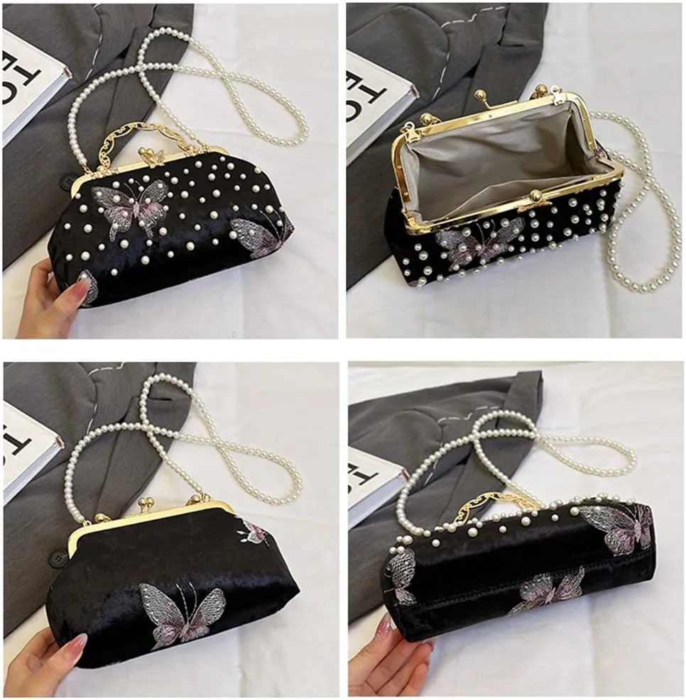 Women Butterfly Embroidery Clutch Purse Pearl Evening Handbag with Chain Top Handle Party Wedding Evening Clutch