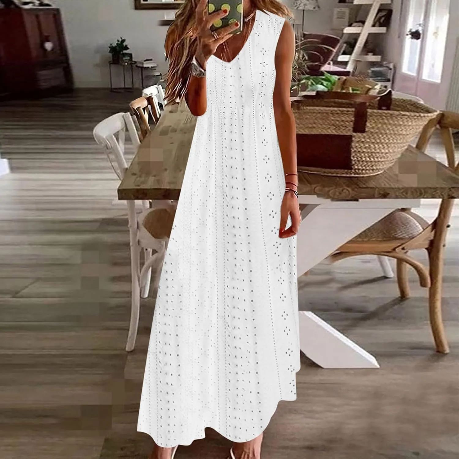 Women Casual Holiday Style Long Dress Short Sleeve V-Neck Hollow Out Dress Solid Loose Tunic Hide Belly Dress