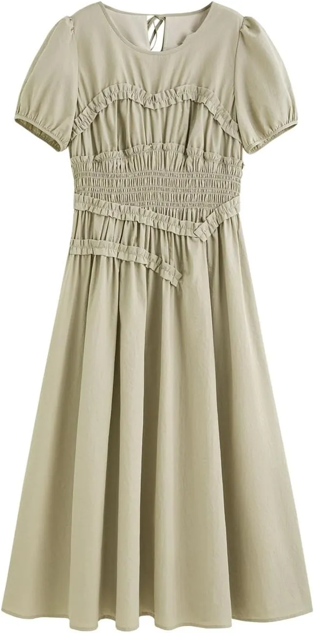 Women Casual Midi A-Line Dress Slim Crew Neck Lace-Up Holiday Dresses