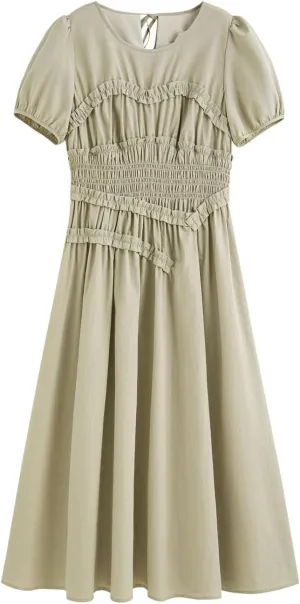 Women Casual Midi A-Line Dress Slim Crew Neck Lace-Up Holiday Dresses