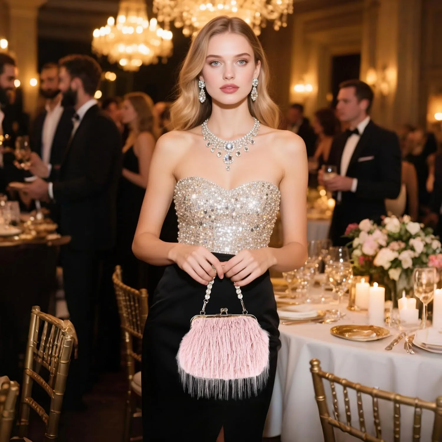 Women Clutch Purses,Fluffy Feather Evening Handbags for Wedding Party Banquet Prom Crossbody Bag