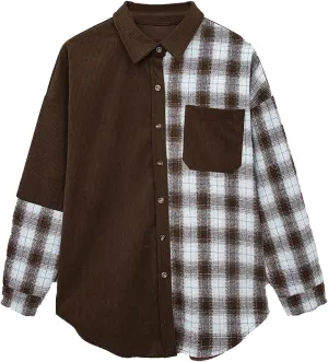 Women Contrast Color Roll Up Corduroy Tunic Blouse Corduroy Winter Plaid Loose Pocket Shirt Button Boyfriend Jacket