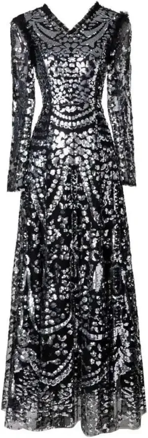 Women Contrast Sequins Lace Long Dress V-Neck Long Sleeve Zipper A-Line Party Casual Dresses