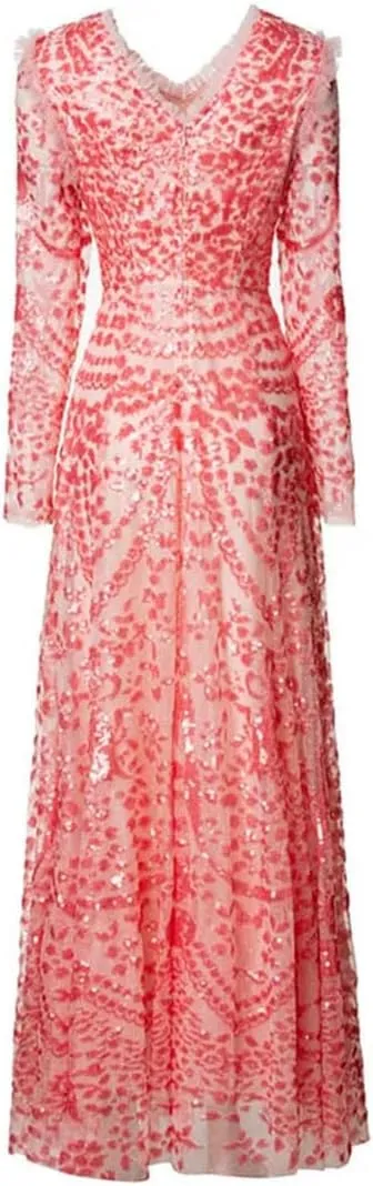Women Contrast Sequins Lace Long Dress V-Neck Long Sleeve Zipper A-Line Party Casual Dresses
