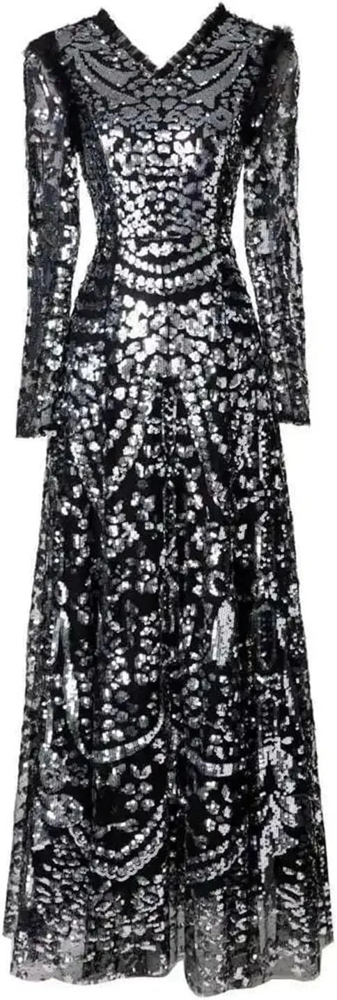 Women Contrast Sequins Lace Long Dress V-Neck Long Sleeve Zipper A-Line Party Casual Dresses