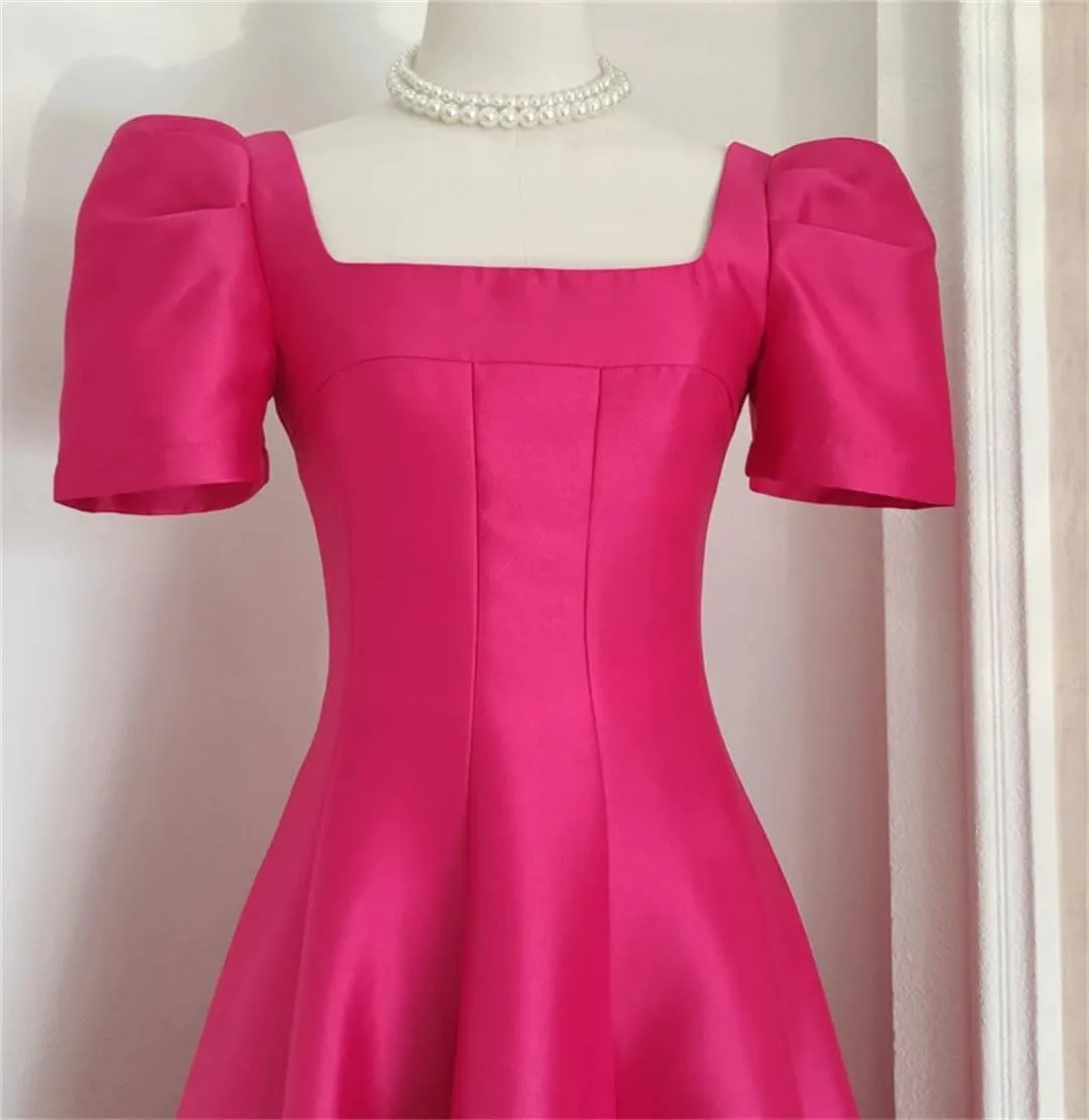 Women Dress Long French Hepburn Style Party Elegant Square Collar Short Sleeve Midi Vestidos Party Robe