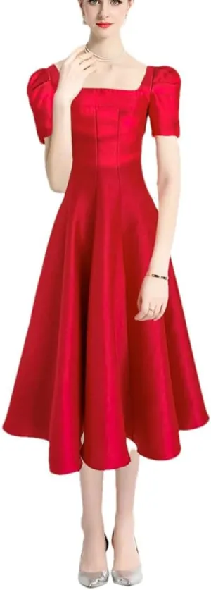 Women Dress Long French Hepburn Style Party Elegant Square Collar Short Sleeve Midi Vestidos Party Robe