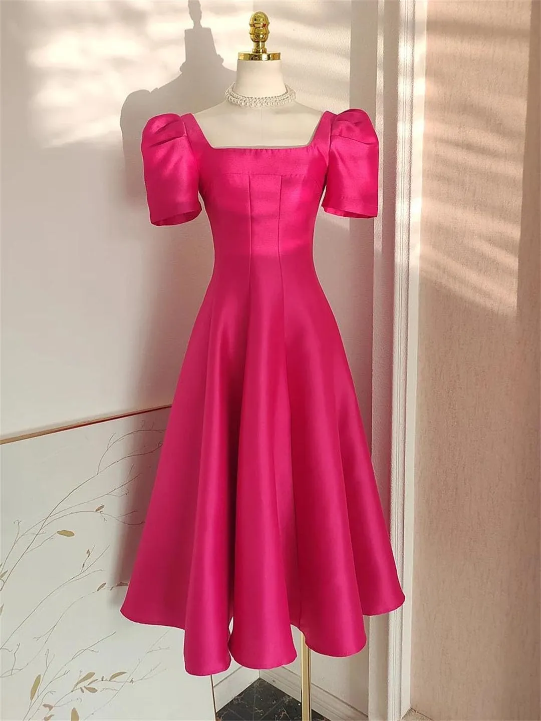 Women Dress Long French Hepburn Style Party Elegant Square Collar Short Sleeve Midi Vestidos Party Robe