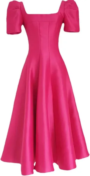 Women Dress Long French Hepburn Style Party Elegant Square Collar Short Sleeve Midi Vestidos Party Robe