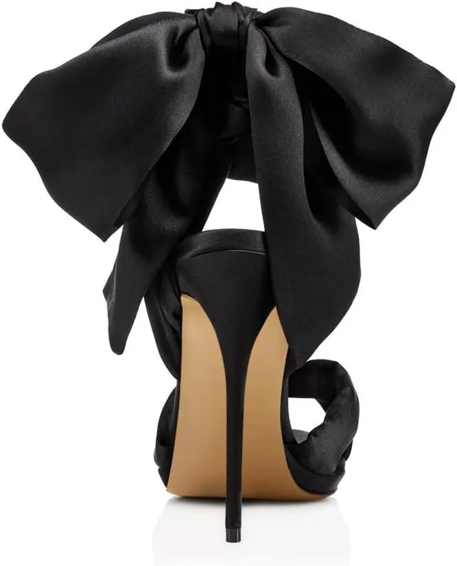 Women Elegant Open Toe Satin Stiletto High Heel Sandals with Oversized Bow Criss-Cross Straps Weddings Parties Evening Shoes