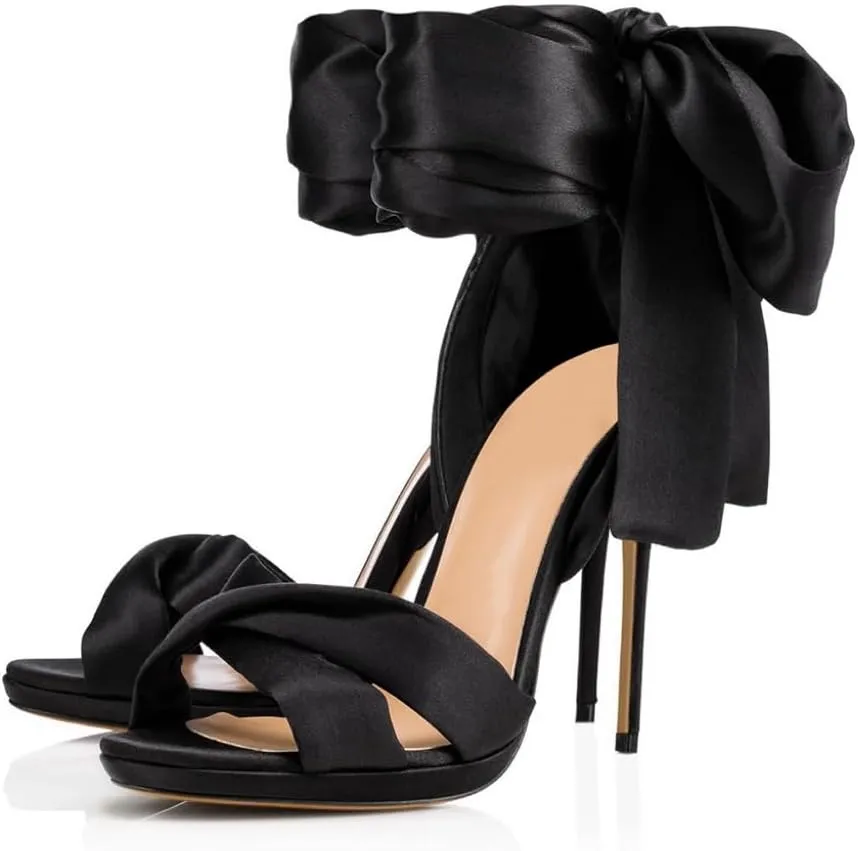 Women Elegant Open Toe Satin Stiletto High Heel Sandals with Oversized Bow Criss-Cross Straps Weddings Parties Evening Shoes