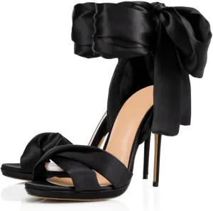 Women Elegant Open Toe Satin Stiletto High Heel Sandals with Oversized Bow Criss-Cross Straps Weddings Parties Evening Shoes