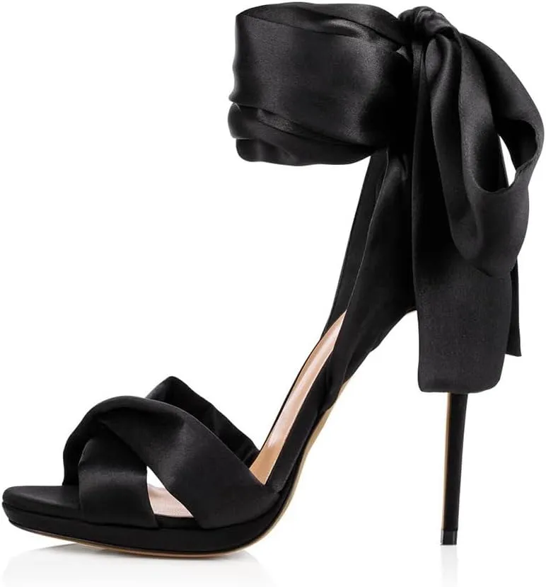 Women Elegant Open Toe Satin Stiletto High Heel Sandals with Oversized Bow Criss-Cross Straps Weddings Parties Evening Shoes
