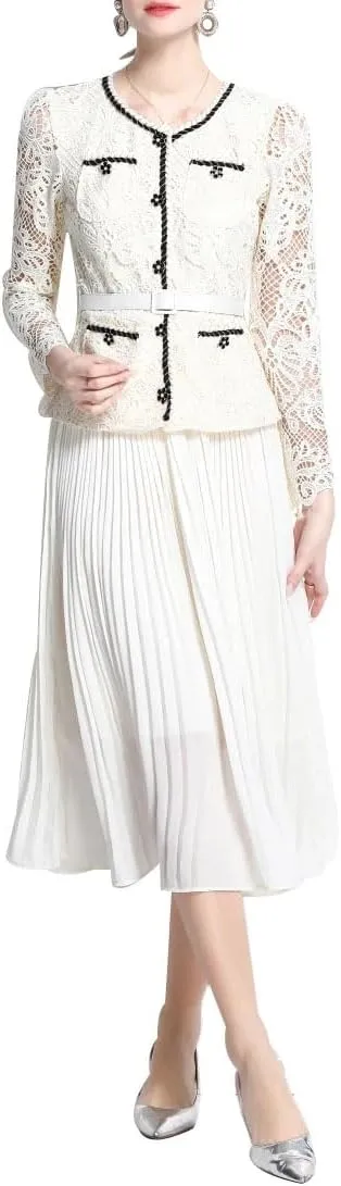 Women Embroidery Lace Long Dresses Fake Two Piece Set Long Sleeve Evening Bridesmaids Dress