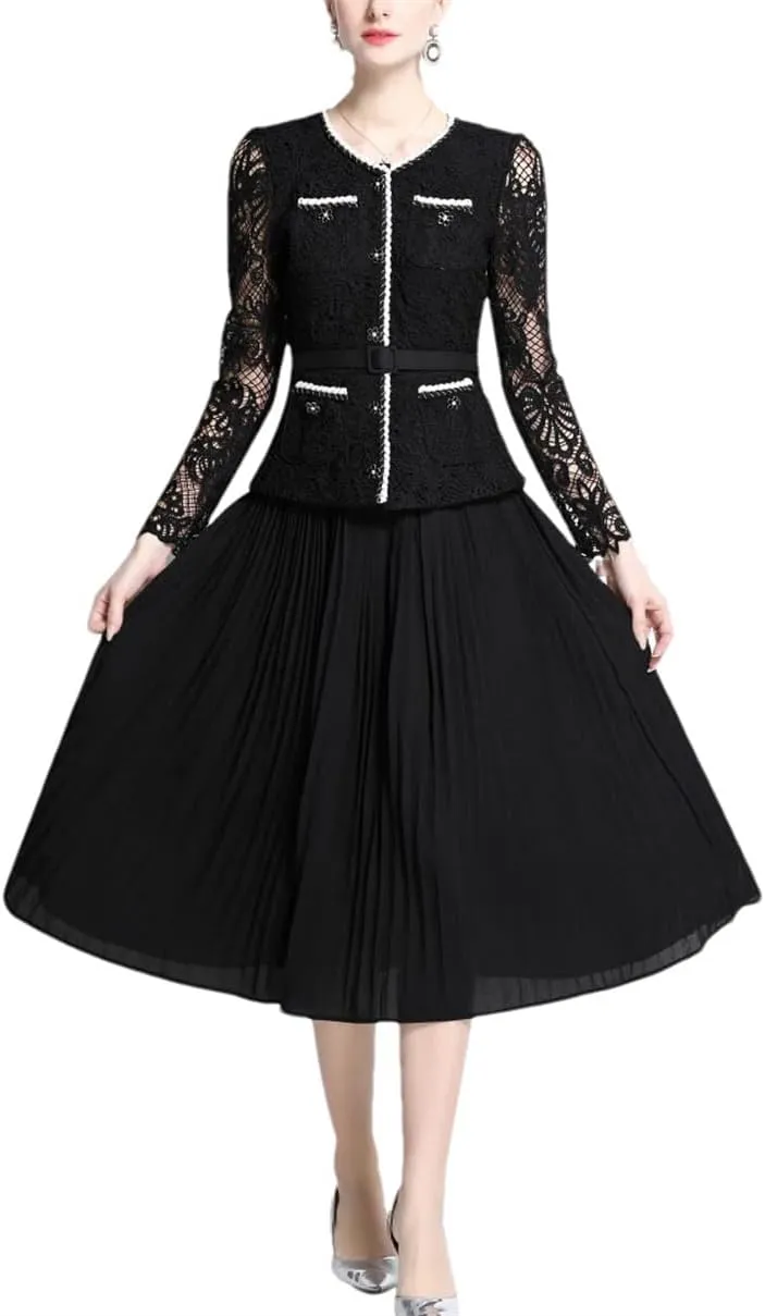 Women Embroidery Lace Long Dresses Fake Two Piece Set Long Sleeve Evening Bridesmaids Dress