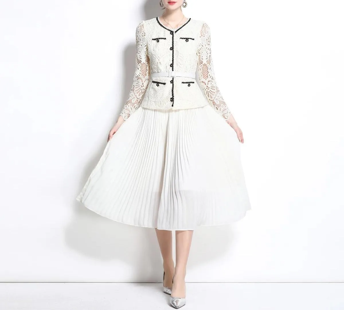Women Embroidery Lace Long Dresses Fake Two Piece Set Long Sleeve Evening Bridesmaids Dress
