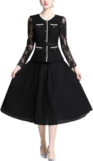 Women Embroidery Lace Long Dresses Fake Two Piece Set Long Sleeve Evening Bridesmaids Dress