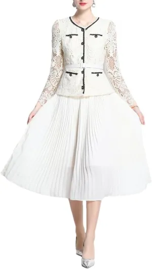 Women Embroidery Lace Long Dresses Fake Two Piece Set Long Sleeve Evening Bridesmaids Dress