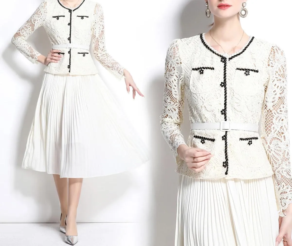 Women Embroidery Lace Long Dresses Fake Two Piece Set Long Sleeve Evening Bridesmaids Dress