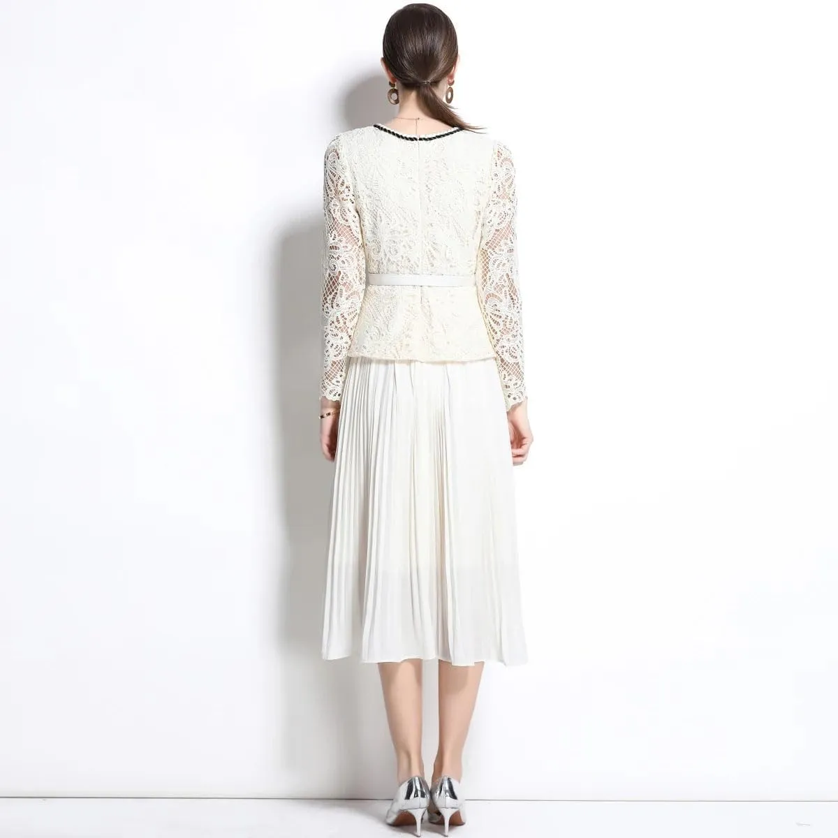 Women Embroidery Lace Long Dresses Fake Two Piece Set Long Sleeve Evening Bridesmaids Dress