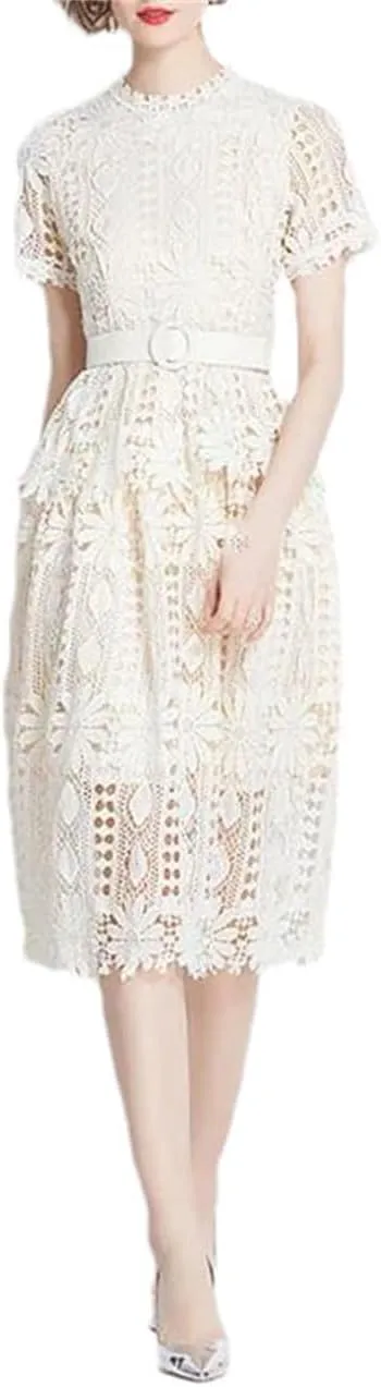 Women Evening Prom Holiday Dress Flower Embroidery Lace Party Belt Midi Dresses Solid Slim Hollow Dress