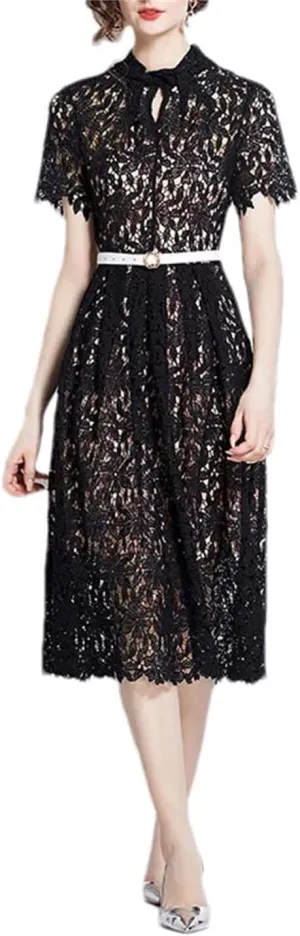 Women Evening Prom Holiday Dress Flower Embroidery Lace Party Belt Midi Dresses Solid Slim Hollow Dress