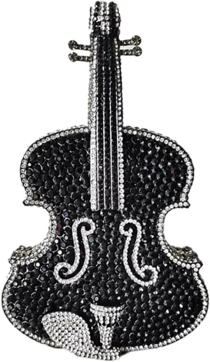 Women Fancy Violin Shaped Crystal Clutch Purse Brilliant Gemstones Evening Bag for Concert Dancing Party