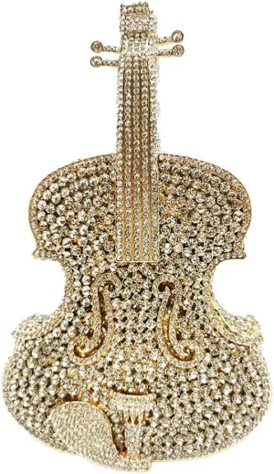 Women Fancy Violin Shaped Crystal Clutch Purse Brilliant Gemstones Evening Bag for Concert Dancing Party