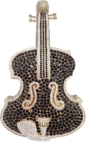 Women Fancy Violin Shaped Crystal Clutch Purse Brilliant Gemstones Evening Bag for Concert Dancing Party