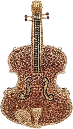Women Fancy Violin Shaped Crystal Clutch Purse Brilliant Gemstones Evening Bag for Concert Dancing Party