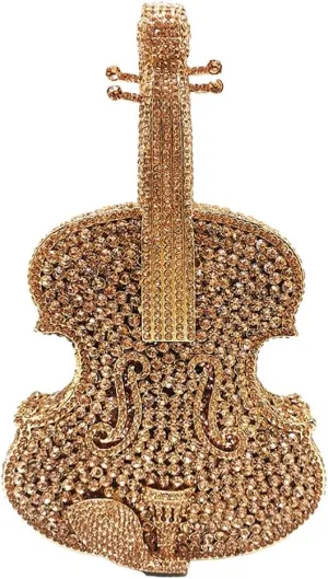 Women Fancy Violin Shaped Crystal Clutch Purse Brilliant Gemstones Evening Bag for Concert Dancing Party