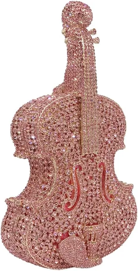 Women Fancy Violin Shaped Crystal Clutch Purse Brilliant Gemstones Evening Bag for Concert Dancing Party