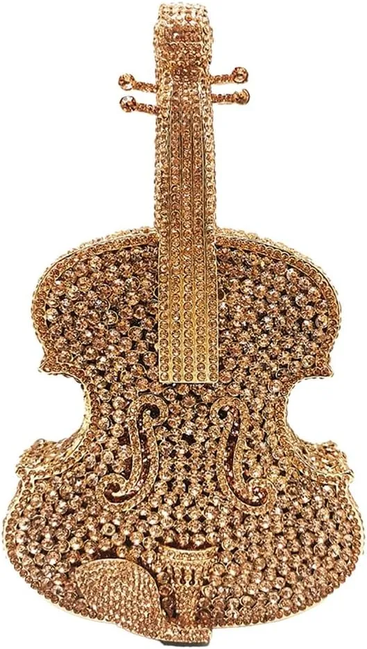 Women Fancy Violin Shaped Crystal Clutch Purse Brilliant Gemstones Evening Bag for Concert Dancing Party