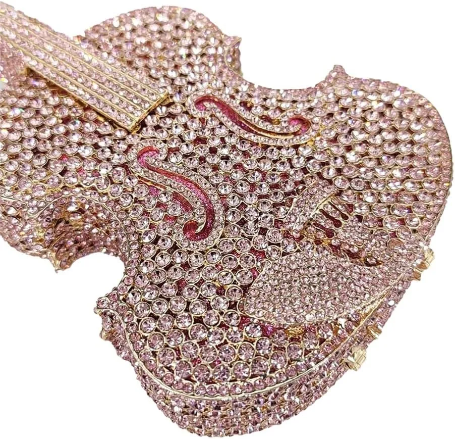 Women Fancy Violin Shaped Crystal Clutch Purse Brilliant Gemstones Evening Bag for Concert Dancing Party